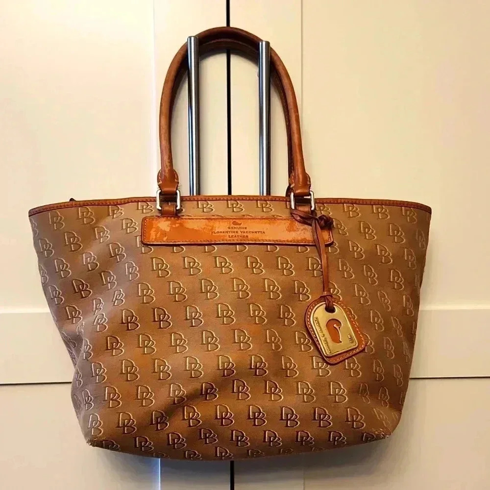 Dooney & Bourke canvas and florentine vacchetta leather handbag tote tan